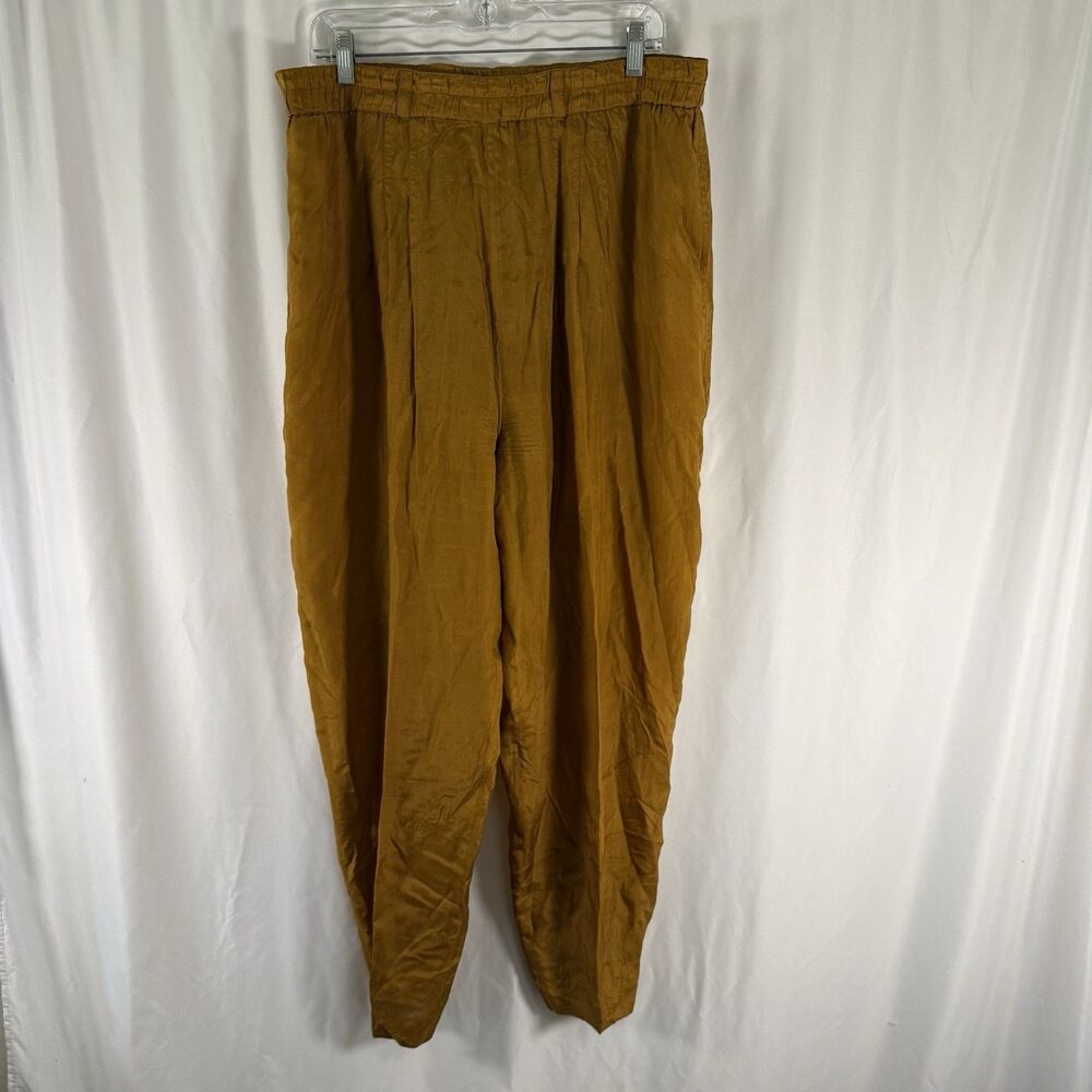 At Hentico Forenza 100% Silk Pants Women's Large Yellow Pleated Pockets Tapered